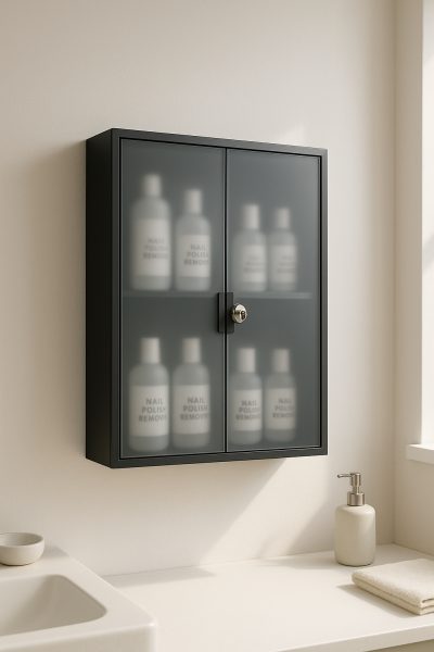 Nail polish remover bottles stored upright in a locked, matte glass cabinet in a bright, uncluttered bathroom.