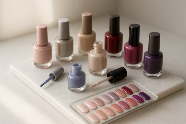 Elegant nail polish bottles in pastel, nude, jewel, and bold colors with various finishes, displayed on a white quartz slab with open brushes and glass swatch palette.