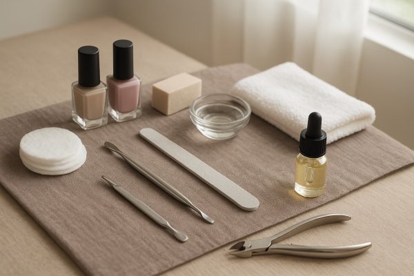 Comprehensive manicure set with nail polish, tools, cotton pads, and a glass soaking dish on taupe linen in soft daylight.