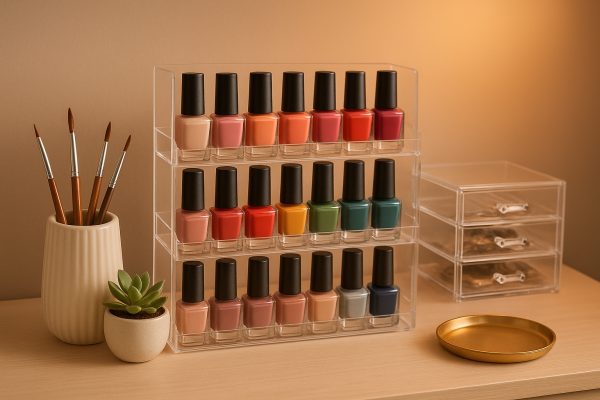 Acrylic nail polish organizer, brushes in a ceramic holder, drawers, and a succulent on a modern vanity with warm lighting.