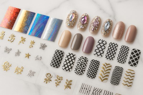 Macro photo of assorted premium nail stickers, foils, and 3D gems displayed on a marble slab, highlighting varied adhesives and materials.