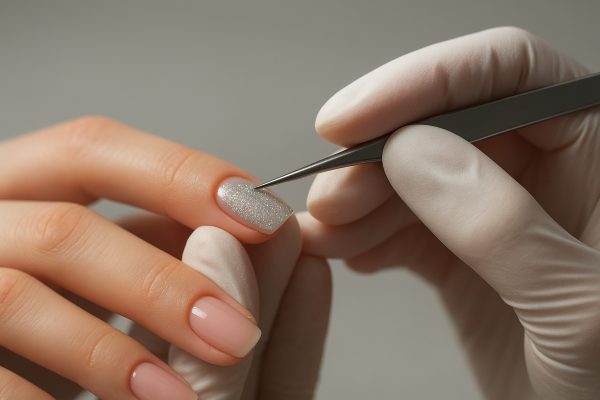 Hands with latex gloves precisely applying a shimmer nail sticker with tweezers to a manicured nail, background softly blurred.