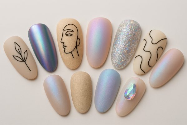 Fan-shaped display of nail tips with modern sticker designs and various finishes, each tip unique and vibrant.