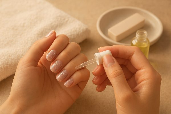"Hands massaging cuticle oil into glittery sticker-covered nails, with a towel and nail care items nearby in soft light.