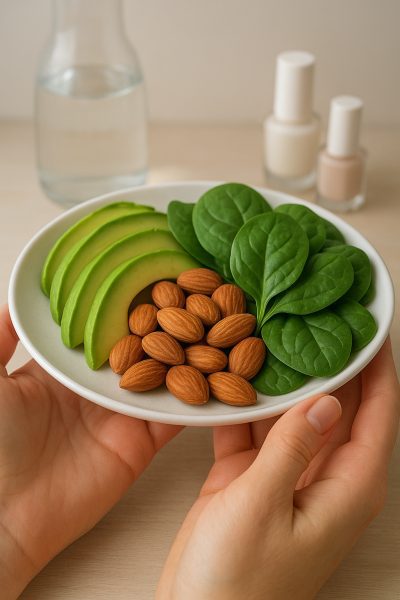 Close-up of hands with healthy nails holding a plate of superfoods, with nail care products in the background.