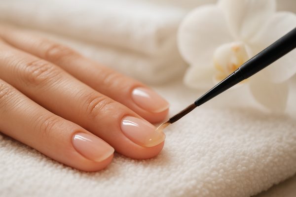 Macro shot of nail oil, polish, and conditioner being applied with soft towels and orchid in the background.