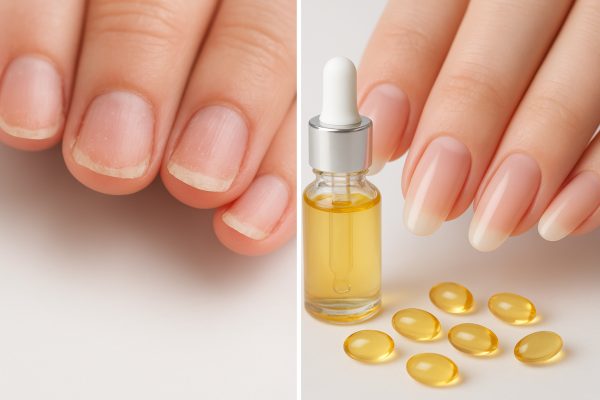 Split image of weak versus healthy nails after vitamin serum, with serum bottle and capsules in front.