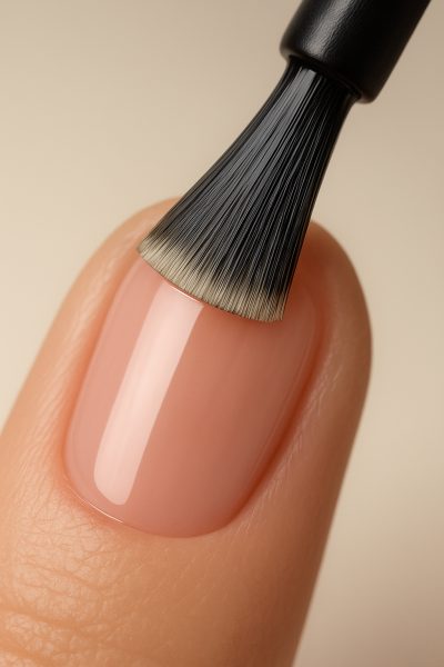 Close-up of a premium nail top coat brush with dense bristles applying gloss to a pristine nail with healthy cuticles.