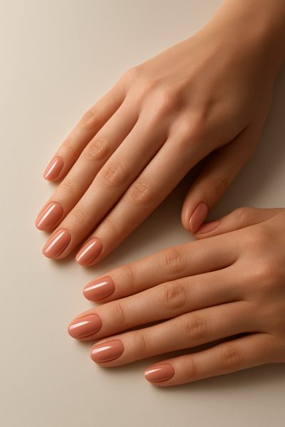 Overhead view of manicured hands with high-shine nails on a matte white porcelain surface.