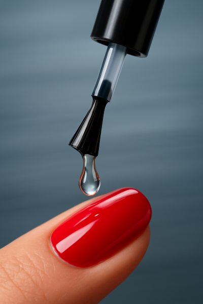 Freeze-frame of a quick-dry top coat drop just above a glossy, colored nail, highlighting speed and shine.