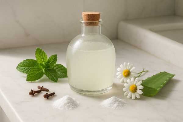 Homemade mouthwash bottle with fresh mint, chamomile, cloves, aloe vera, and baking soda on a marble bathroom counter in daylight.