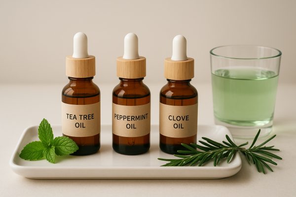 Essential oil bottles and a glass of herbal mouthwash arranged with mint and rosemary on a ceramic tray.