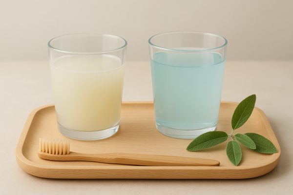 Two glasses of mouthwash, bamboo toothbrush, and sage on a birch tray, gently lit.