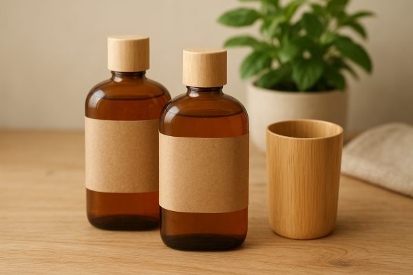 Eco-friendly glass bottles with recycled labels, bamboo cup, and green plant on a wood table.