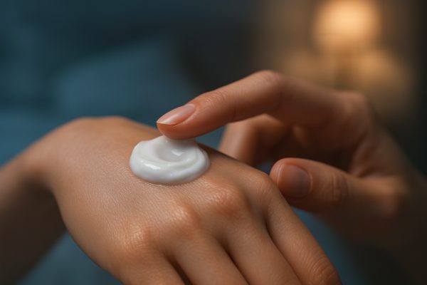 Macro shot of night cream being smoothed on hydrated, glowing skin, soft bedroom setting in background.
