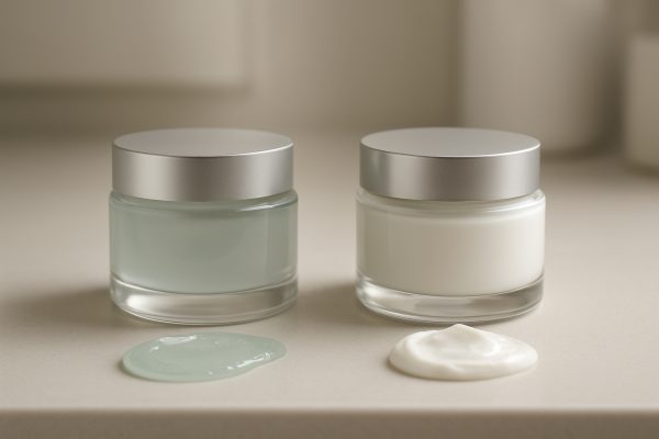 Side-by-side night mask and cream jars with clear texture swatches, on a sleek vanity.