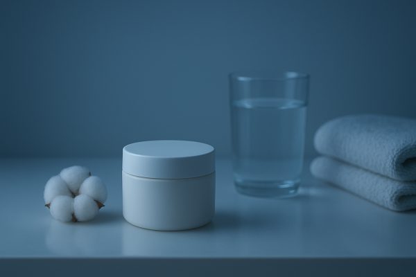 Closed minimalist night cream jar with cotton blossom and water glass, soft blue bathroom lighting.