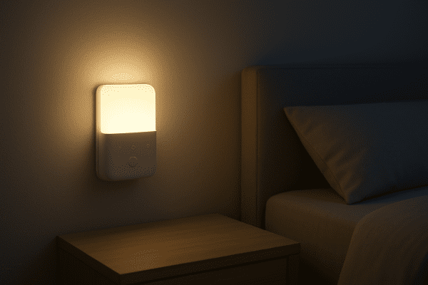 A modern smart night light with adaptive brightness and motion sensor in a minimalist bedroom.