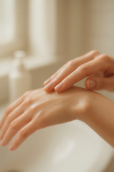 Close-up of hydrated skin as hands gently apply oil cleanser, with a softly blurred bathroom background.