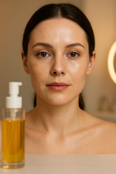 Split image showing makeup removal with oil cleanser, revealing fresh, radiant skin beside a bottle of cleansing oil.
