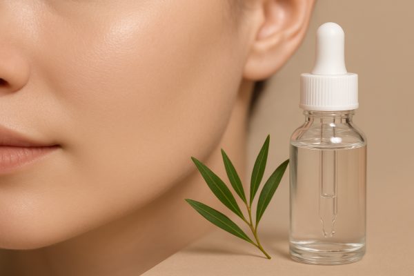 Macro of smooth, poreless skin with a non-comedogenic oil dropper and botanicals on a neutral background.