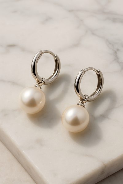 White gold hoops with pearls displayed on bright marble tile.