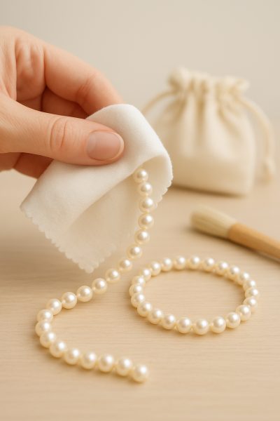 Hand gently polishing pearl jewelry with a soft cloth, care items in background.