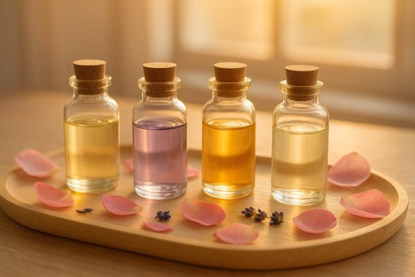 Essential oil bottles and flower petals on pale wooden tray in warm sunlight, soft and inviting.