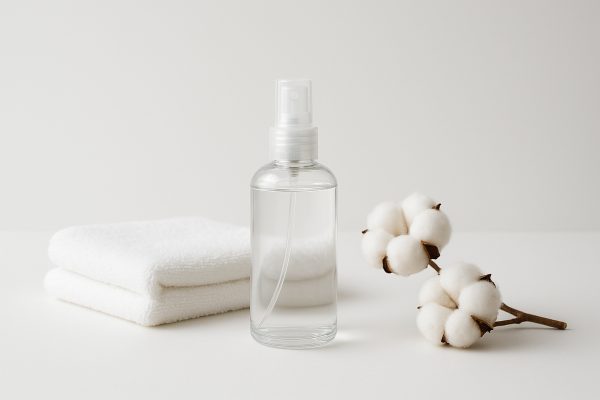 Minimalist transparent perfume bottle, white towel, and cotton branch on seamless white background.