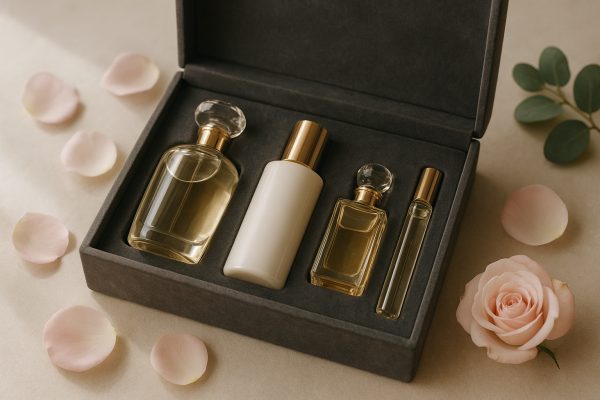 An elegant perfume gift set with mini bottles, lotion, and fragrance vial in a velvet-lined box, accented with rose petals and eucalyptus.