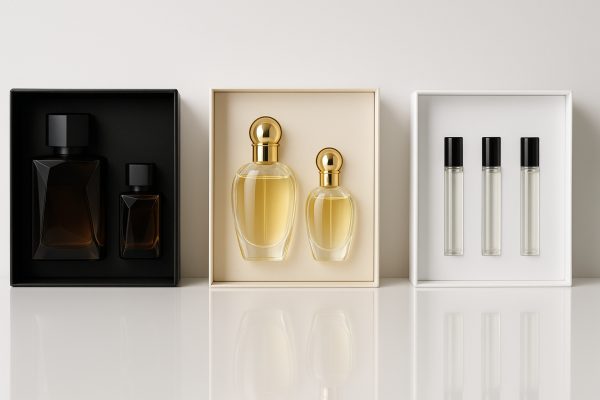 Three types of perfume gift sets\u2014cologne, eau de parfum, aroma\u2014arranged on a sleek white platform.