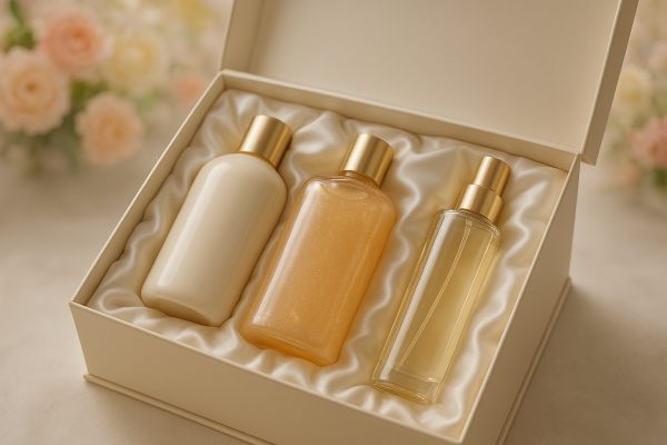 A perfume gift box with body lotion, shimmering shower gel, and body spray on a satin lining, with pastel floral background.
