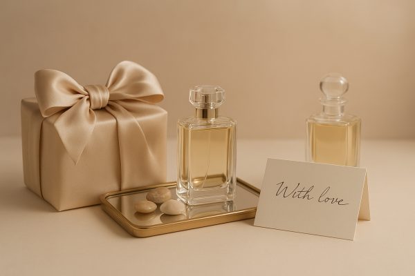 Perfume gift set presentation styles: silk box with bow, mirrored tray with stones, and a handwritten card.