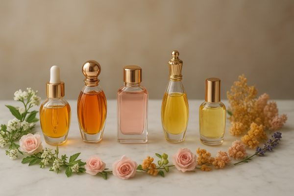 Elegant arc of glass perfume oil bottles with gold accents, surrounded by botanicals on white marble.