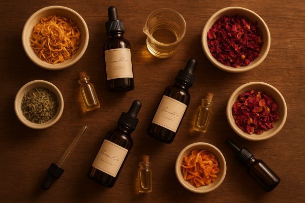 Flat lay of essential oil bottles, carrier vials, botanicals, and blending tools on rustic wood.