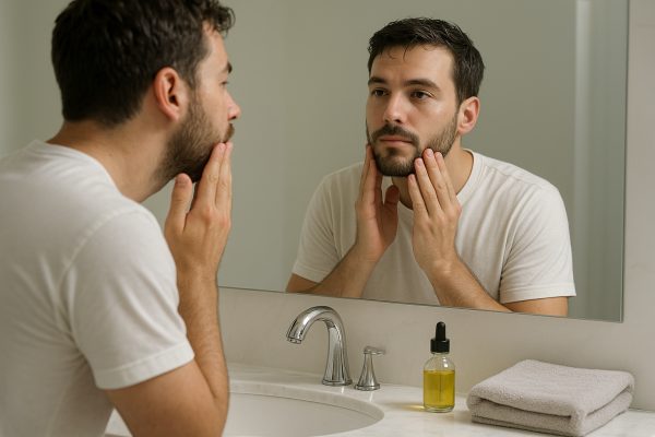 Man gently massaging oil into his beard, reflected in a large mirror above a marble sink.