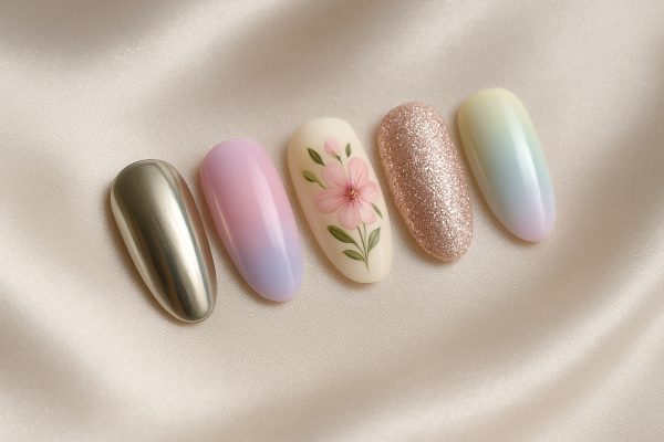 Assorted trending press on nail designs\u2014chrome, ombre, floral, glitter\u2014arranged on a soft, pale fabric background.