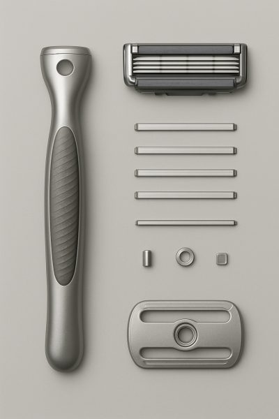 Flat lay of a modern razor disassembled into handle, cartridge, blades, and fine details, neatly aligned.
