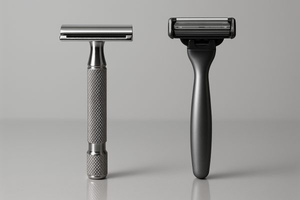 Classic double edge safety razor next to a modern cartridge razor, both standing on a reflective surface.