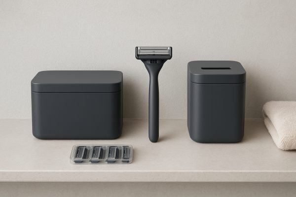 Modern bathroom shelf with razor blade storage box, disposal container, and accessories organized neatly.