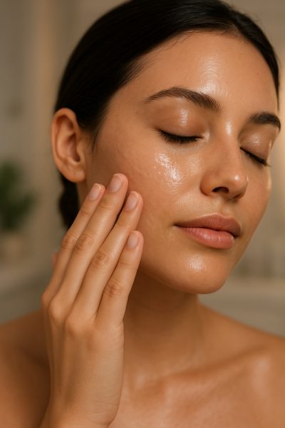 Close-up of a woman massaging retinol serum into her glowing cheek in a softly lit bathroom with green plants.