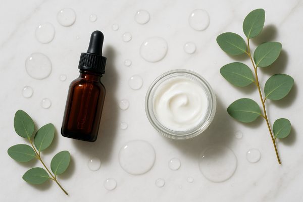 Flat lay of retinol serum and ceramide moisturizer with dew drops and eucalyptus on a marble spa surface.