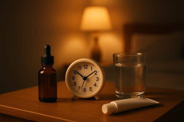 Retinol serum, clock, glass of water, and sunscreen on a wooden nightstand under warm lamp light at night.