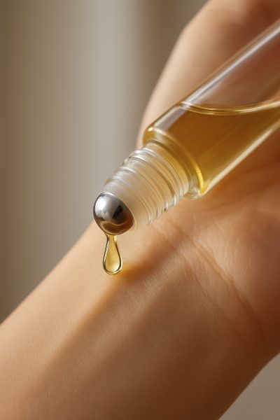 Macro detail of a glass roll-on perfume bottle with a steel rollerball applying golden oil to a wrist, highlighting the smooth mechanism.