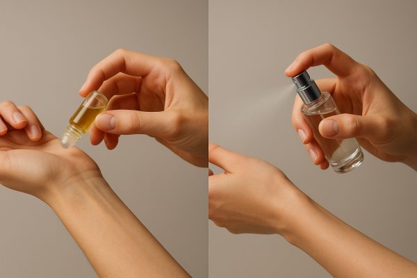 Split-panel of hands using roll-on perfume oil and spray atomizer, each clearly showing distinct application methods.