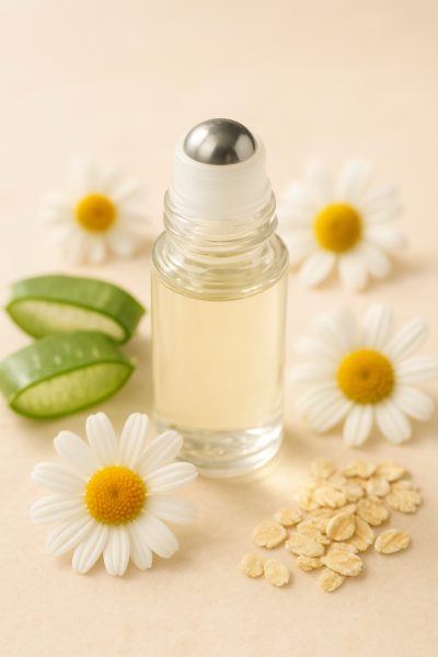 Close-up of hypoallergenic roll-on perfume with chamomile, aloe, and oatmeal, in soft, spa-like lighting.