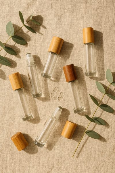 Flat-lay of recycled glass roll-on perfumes with wooden caps on linen, with eucalyptus and recycled symbol in natural sunlight.