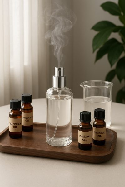 A clear glass room spray with a silver sprayer on a walnut tray, surrounded by oil vials and a beaker of liquid, with vapor rising in soft daylight and a green plant beside.