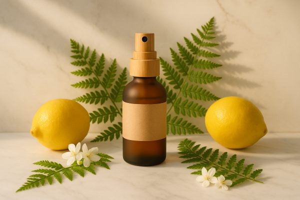 An amber glass room spray with bamboo pump and paper band, surrounded by fern leaves, lemons, and white jasmine on a marble surface in warm sunlight.