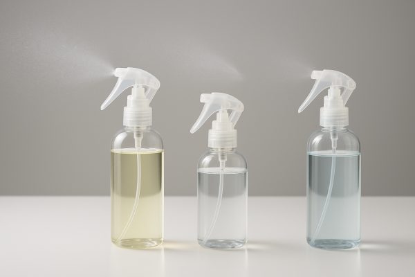Three clear bottles, each labeled for oil, water, or alcohol base, misting visibly in a clean studio setting.